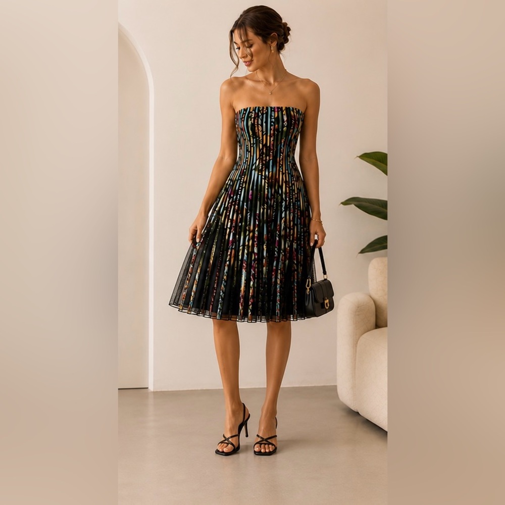 Papillon Strapless Pleated Mesh Dress Size Medium Black Multicolor NWT